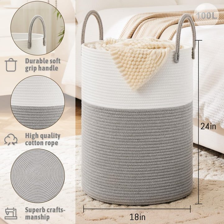 Laundry Basket,Woven Cotton Rope Laundry Hamper,100L for Decorative Storage of Dirty Clothes,Toys and Blankets in Bathroom,Baby Room and Living Room